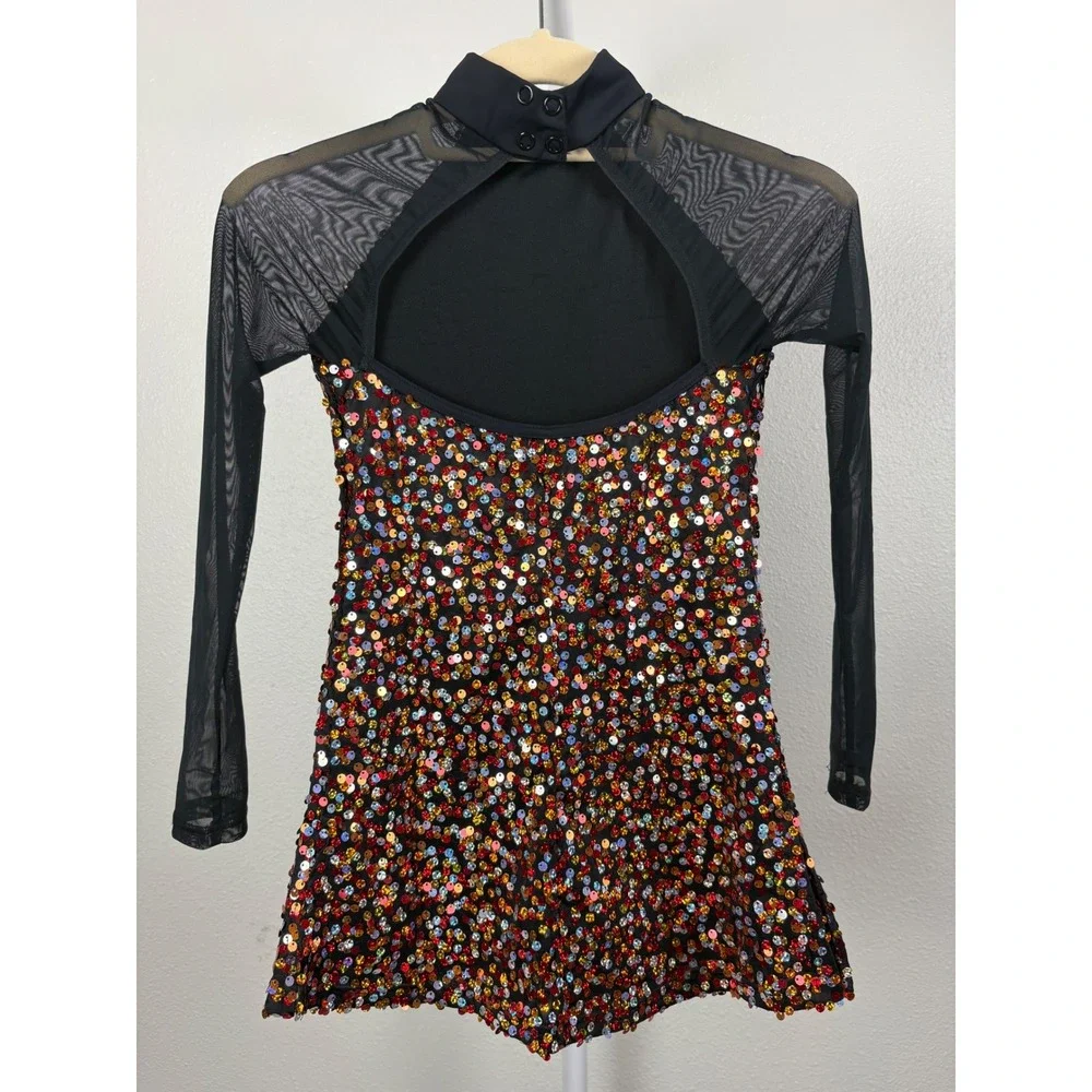 Balera Kids MC Multicolor Sequin Dance Costume Mesh Sleeve Cutout Back Dress